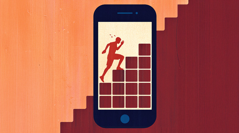 Illustration of person climbing staircase as seen through phone screen