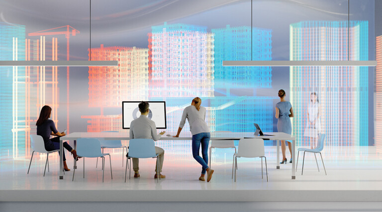 people in a room surrounded by digital and colorful rectangles to represent AI agents among data