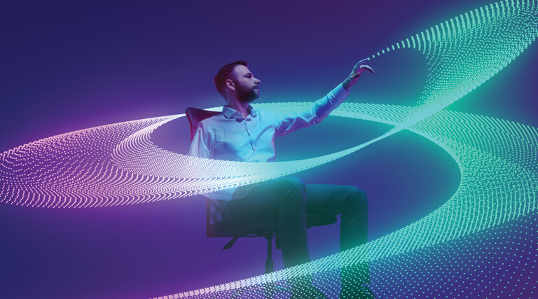 Person surrounded by a flowing digital wave