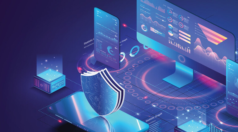 illustration of shield and tech representing managed security 