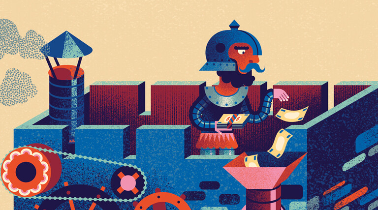 Illustration of knight throwing money into funnel to represent AI investments