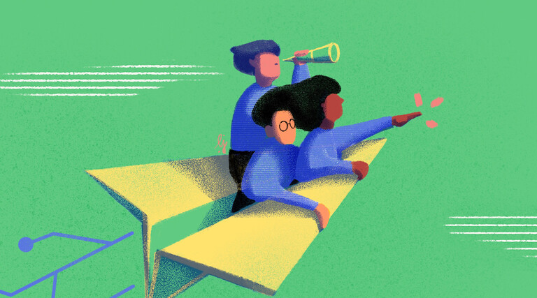 Illustration of students riding on a paper airplane