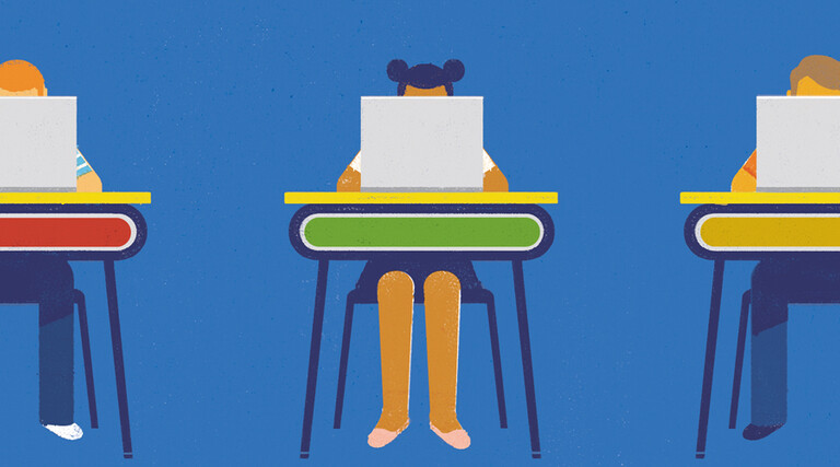 illustration of students working on laptops at school desks