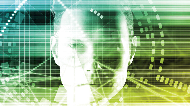 Portrait of person obscured by technology overlay to symbolize cybersecurity and physical security