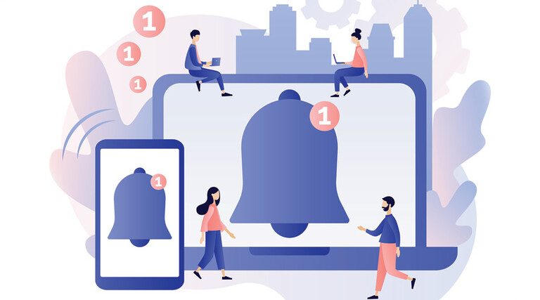 large illustrated screens with notification bells surrounded by 4 tiny people