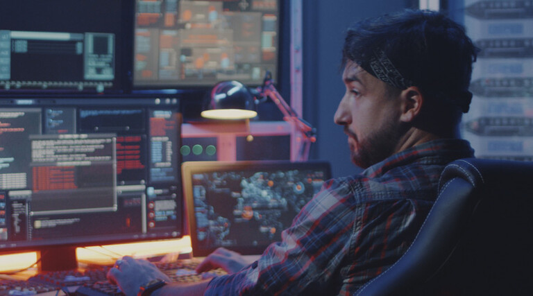 Security alerts appearing on multiple screens while man watches