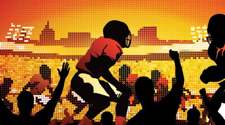 Illustration of people cheering in front of giant screen showing school football game