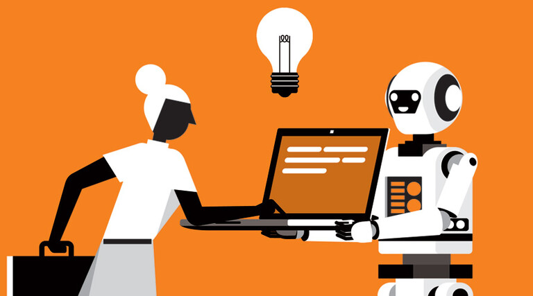 Illustration in black, white and orange of person using AI-powered laptop held by a robot