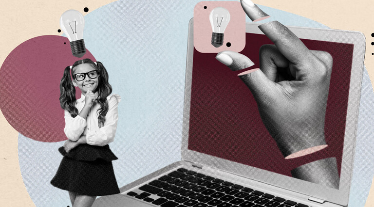 Collage with K12 student thinking next to large laptop computer