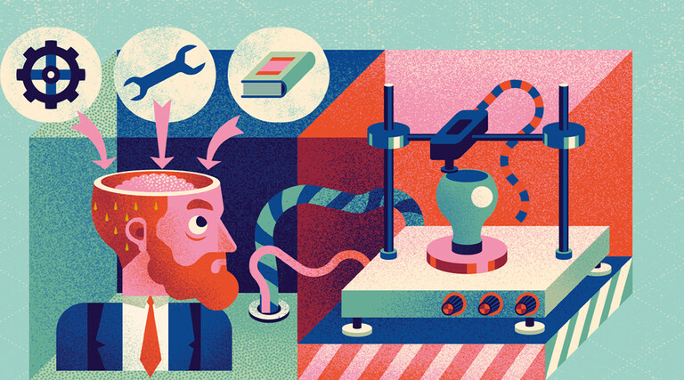 Illusration showing many components of a makerspace thought process and a 3D printer