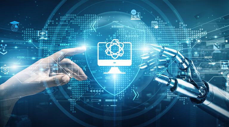 human hand and robot hand in ai art