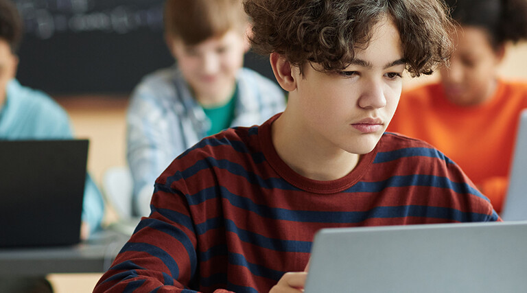 Boy using laptop computer in class