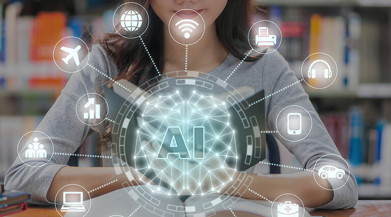 AI and reading concept with a background of a student in a library reading.