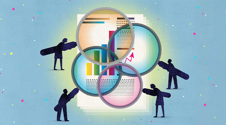 Illustration of magnifying glass looking at report card