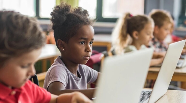 Young students working on laptops in school