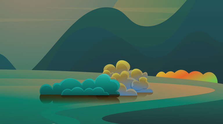 Digital drawing of bluffs with mountains in the distance