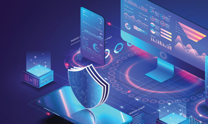 illustration of shield and tech representing managed security 