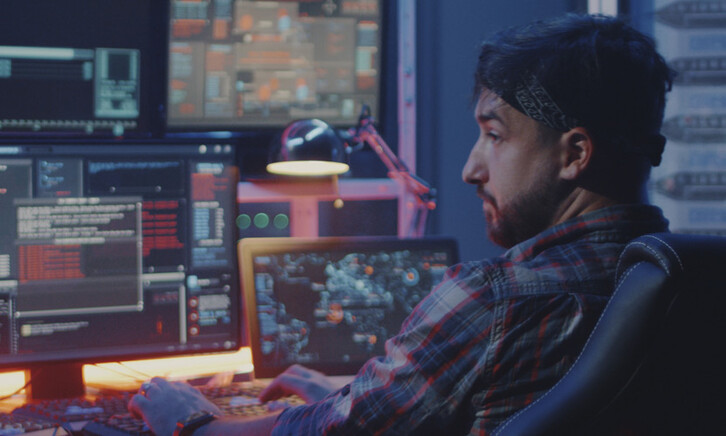 Security alerts appearing on multiple screens while man watches