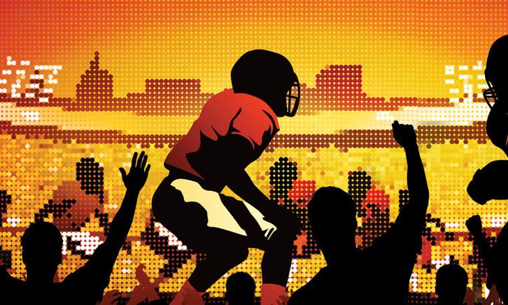 Illustration of people cheering in front of giant screen showing school football game