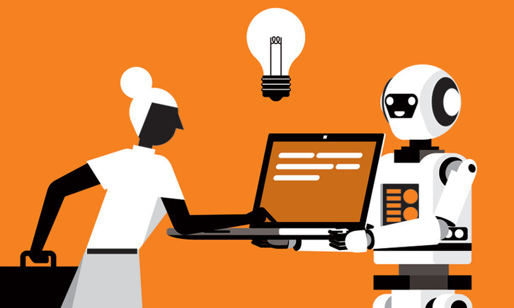 Illustration in black, white and orange of person using AI-powered laptop held by a robot