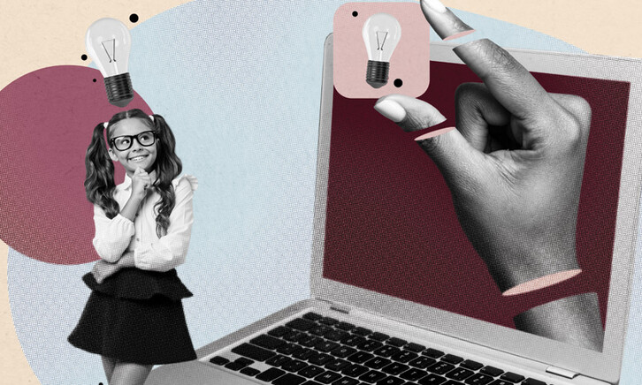 Collage with K12 student thinking next to large laptop computer
