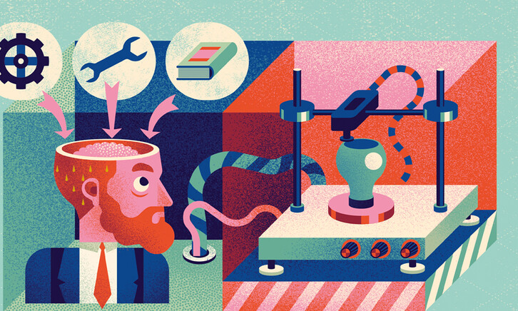Illusration showing many components of a makerspace thought process and a 3D printer