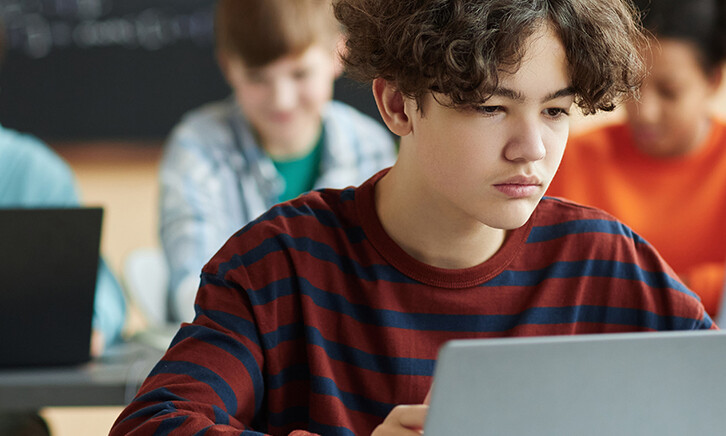 Boy using laptop computer in class