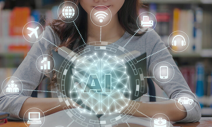 AI and reading concept with a background of a student in a library reading.