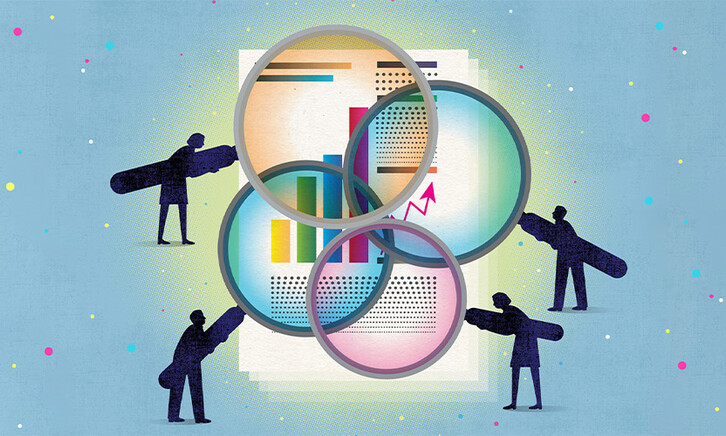 Illustration of magnifying glass looking at report card