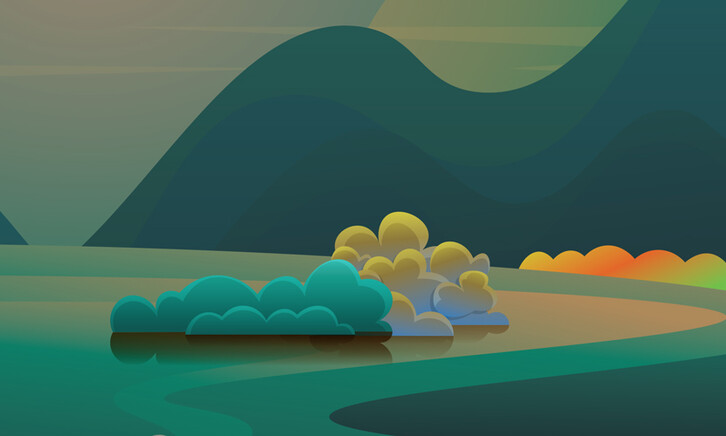Digital drawing of bluffs with mountains in the distance