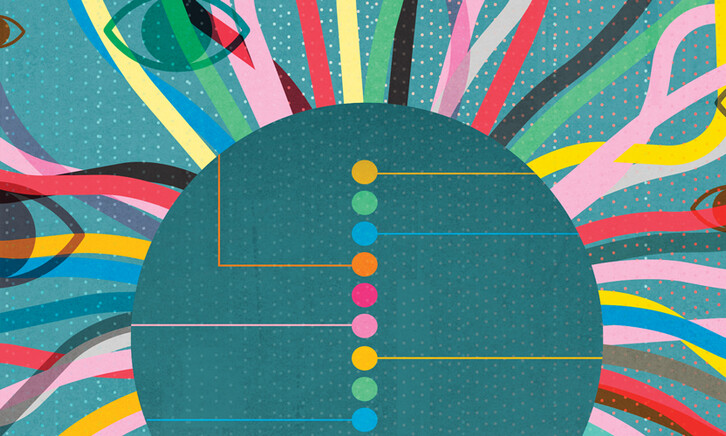 Colorful abstract image with eyes and computer nodes