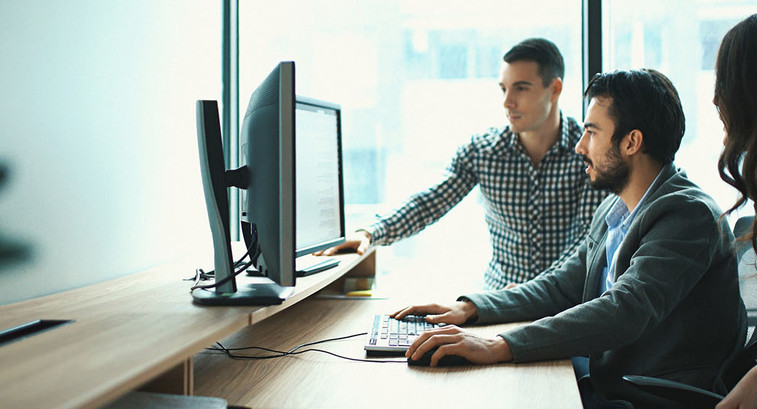 Young professionals looking at a computer