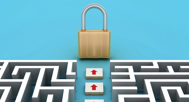 Illustration of path through maze to padlock to represent cybersecurity journey