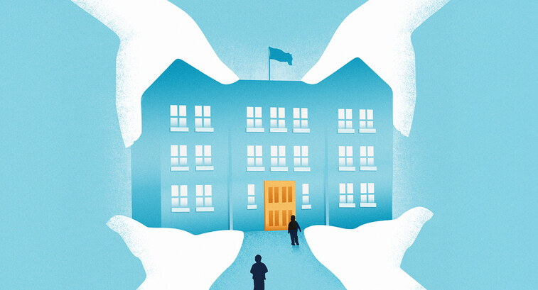 Illustration of four hands holding a school building
