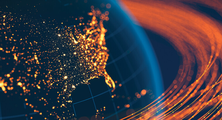 Globe with lights and lines over the united states to show connectivity