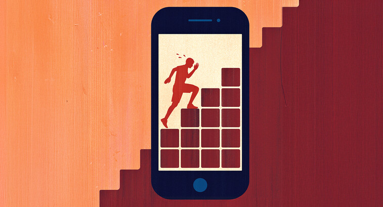 Illustration of person climbing staircase as seen through phone screen