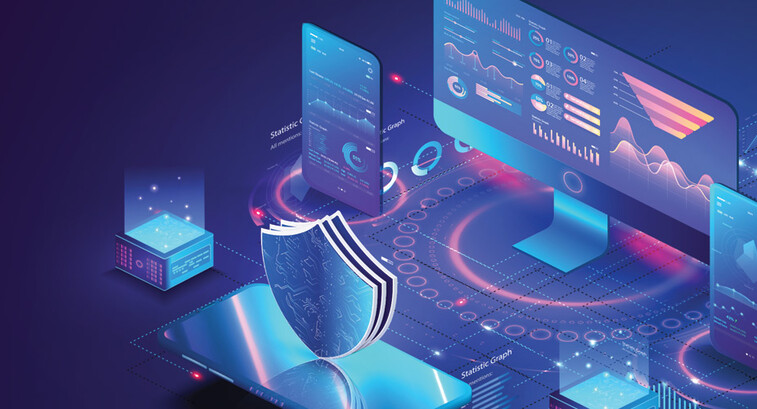 illustration of shield and tech representing managed security 
