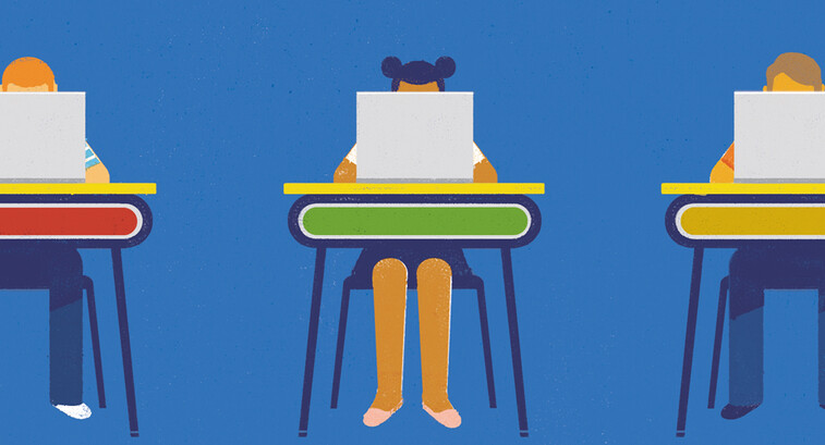illustration of students working on laptops at school desks