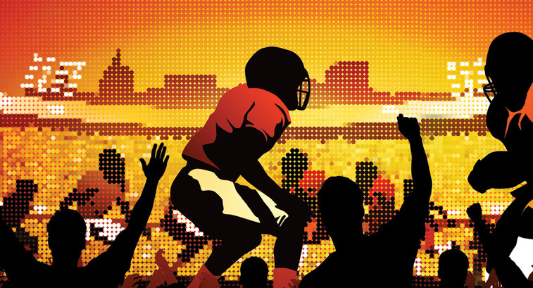 Illustration of people cheering in front of giant screen showing school football game