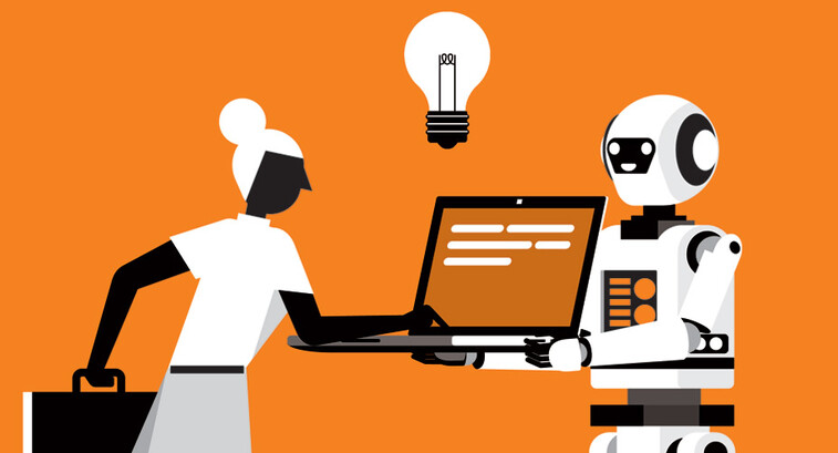 Illustration in black, white and orange of person using AI-powered laptop held by a robot