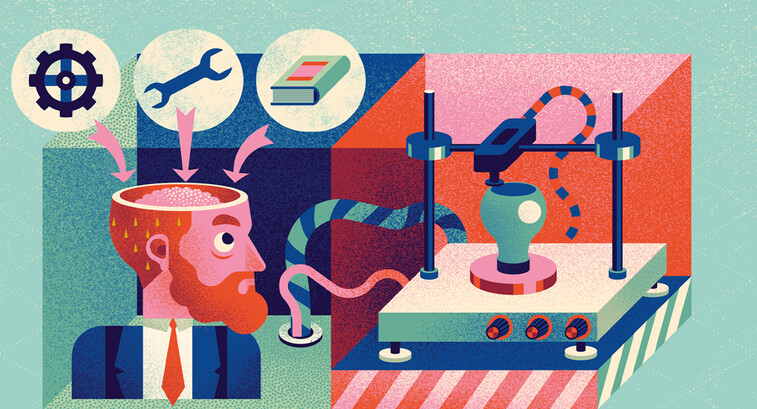 Illusration showing many components of a makerspace thought process and a 3D printer