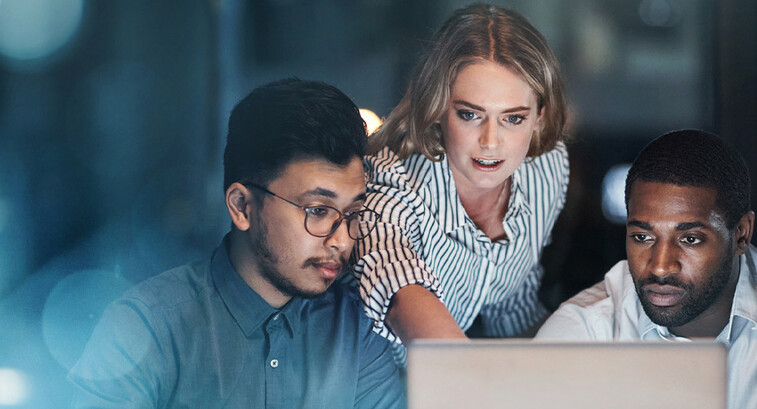 Coworkers using a laptop