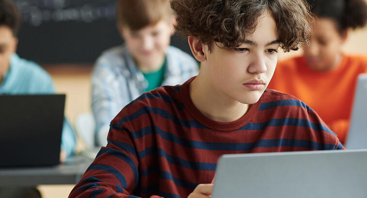 Boy using laptop computer in class