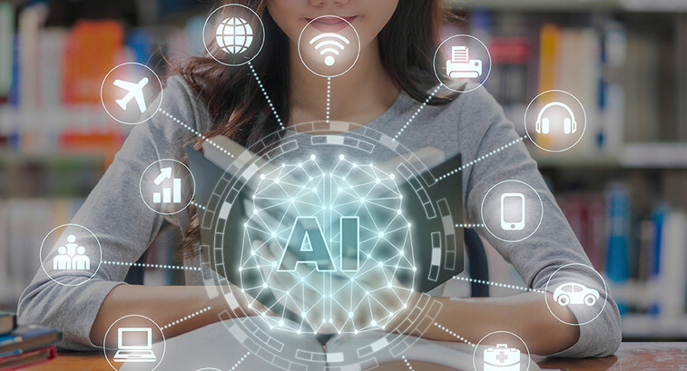 AI and reading concept with a background of a student in a library reading.