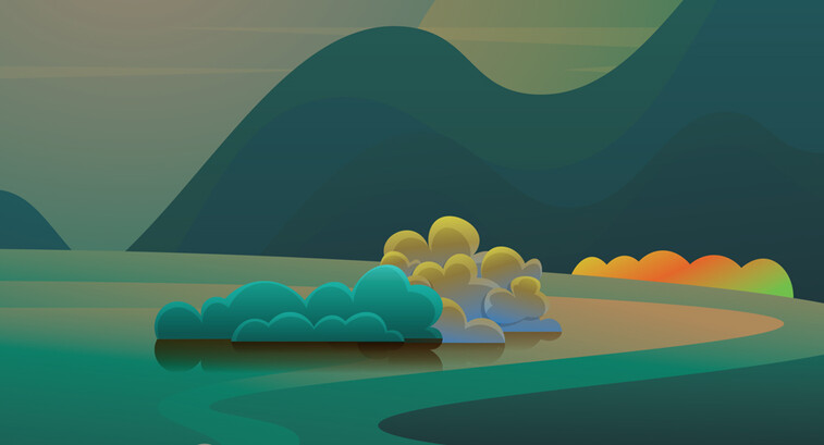Digital drawing of bluffs with mountains in the distance