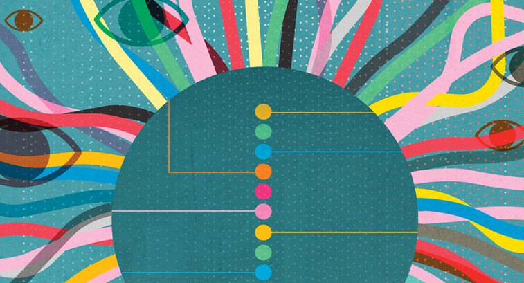 Colorful abstract image with eyes and computer nodes
