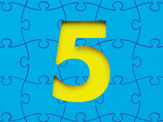 yellow numeral 5 in the negative space of blue puzzle pieces