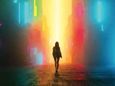 Illustration of a person walking through a city at night