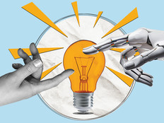 Illustration of human and robot hand reaching toward a central lightbulb