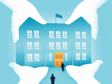 Illustration of four hands holding a school building